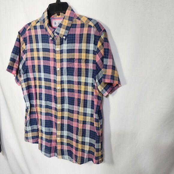 Original Penguin Men Shirt Size Large Plaid Button Up Short Sleeve Pocket Cotton - Picture 5 of 12
